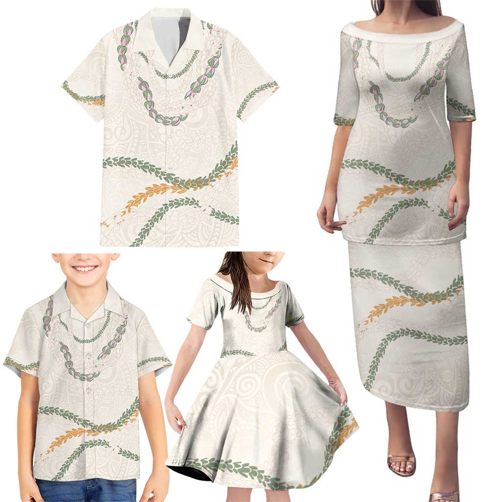 Aloha Lei Mikioi Family Matching Puletasi and Hawaiian Shirt Beige Polynesian Tribal Tatau Pattern