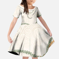 Aloha Lei Mikioi Kid Short Sleeve Dress Beige Polynesian Tribal Tatau Pattern