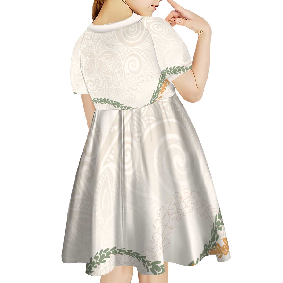 Aloha Lei Mikioi Kid Short Sleeve Dress Beige Polynesian Tribal Tatau Pattern