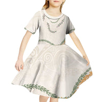 Aloha Lei Mikioi Kid Short Sleeve Dress Beige Polynesian Tribal Tatau Pattern