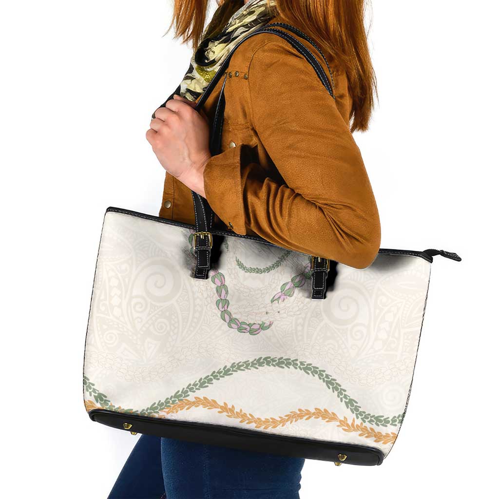 Aloha Lei Mikioi Leather Tote Bag Beige Polynesian Tribal Tatau Pattern