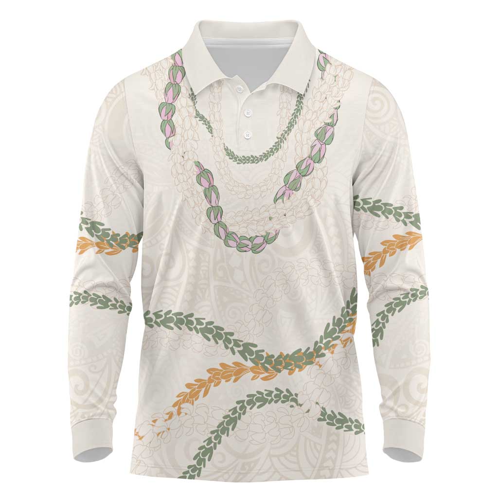 Aloha Lei Mikioi Long Sleeve Polo Shirt Beige Polynesian Tribal Tatau Pattern