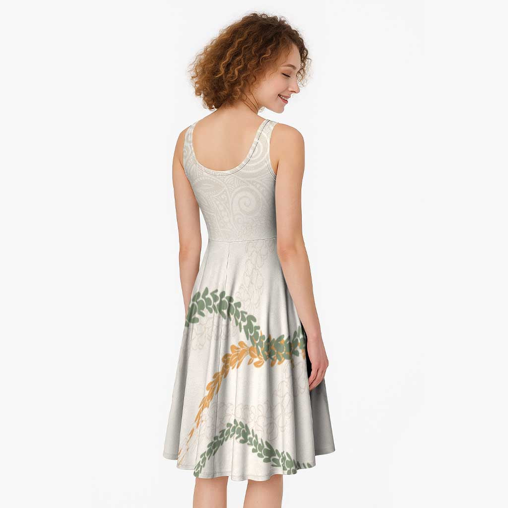 Aloha Lei Mikioi Midi Dress Beige Polynesian Tribal Tatau Pattern - Polynesian Pride