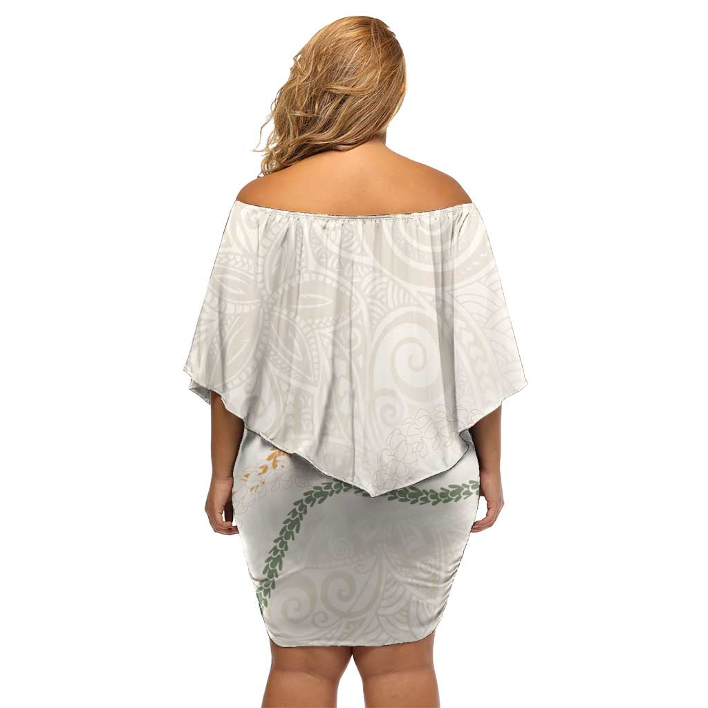 Aloha Lei Mikioi Off Shoulder Short Dress Beige Polynesian Tribal Tatau Pattern