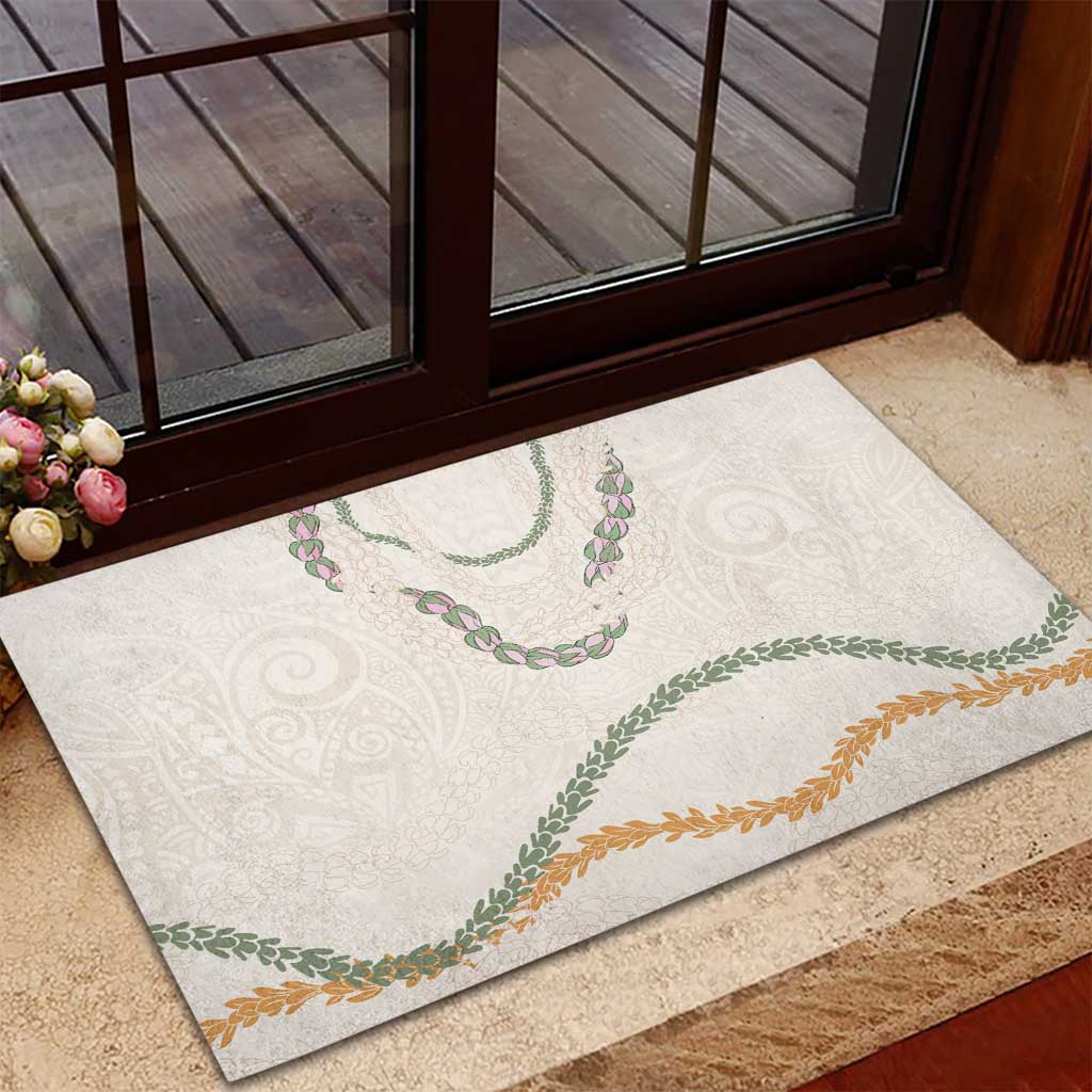 Aloha Lei Mikioi Rubber Doormat Beige Polynesian Tribal Tatau Pattern