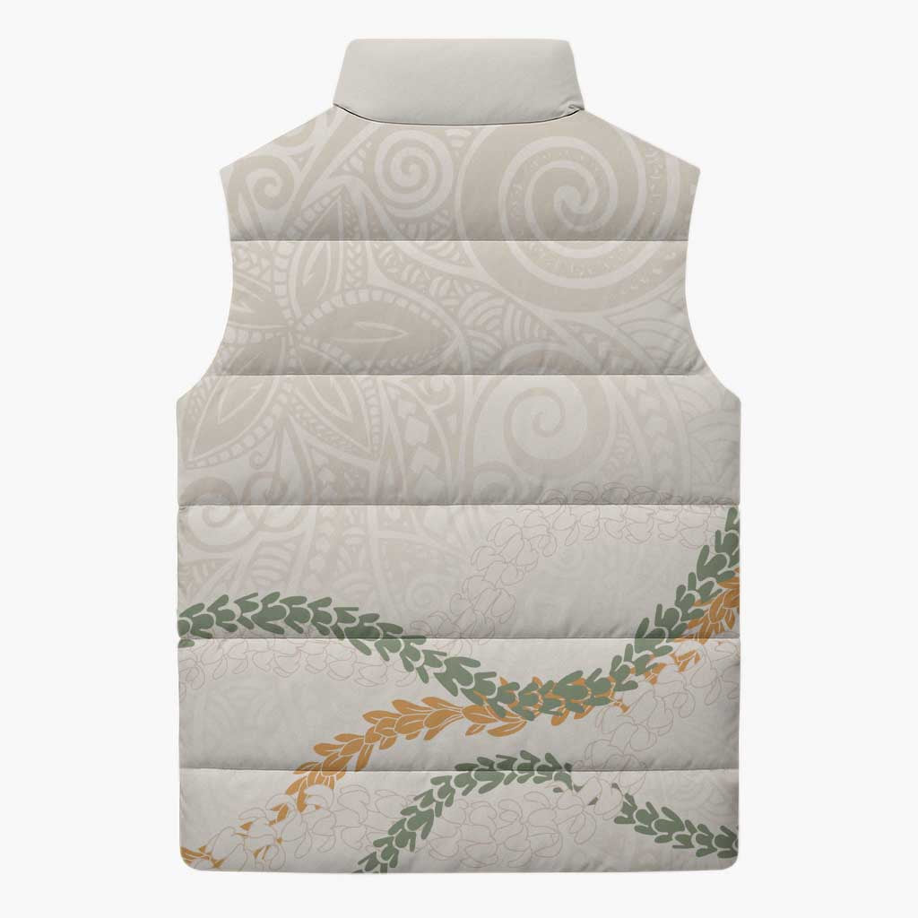 Aloha Lei Mikioi Sleeveless Puffer Jacket Beige Polynesian Tribal Tatau Pattern - Polynesian Pride