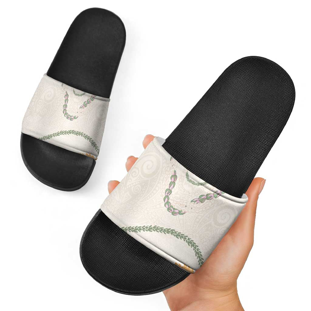 Aloha Lei Mikioi Slide Sandals Beige Polynesian Tribal Tatau Pattern - Polynesian Pride