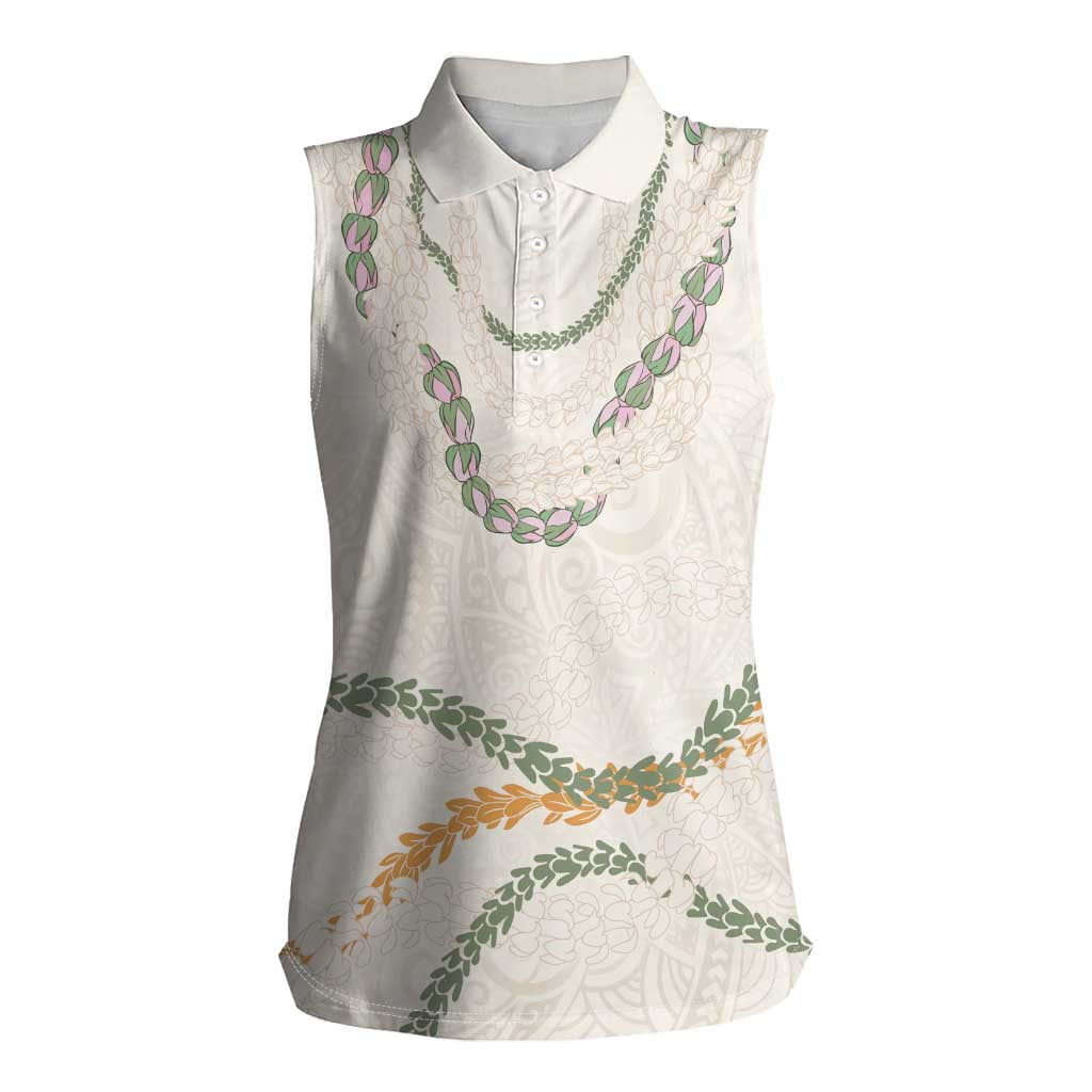 Aloha Lei Mikioi Women Sleeveless Polo Shirt Beige Polynesian Tribal Tatau Pattern