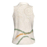 Aloha Lei Mikioi Women Sleeveless Polo Shirt Beige Polynesian Tribal Tatau Pattern