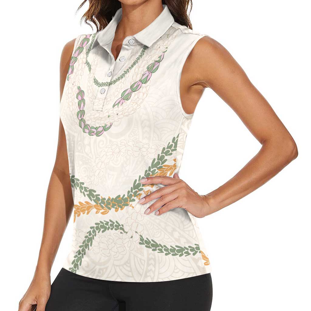 Aloha Lei Mikioi Women Sleeveless Polo Shirt Beige Polynesian Tribal Tatau Pattern