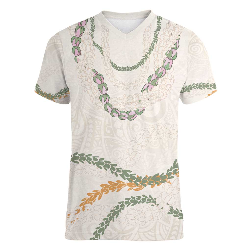 Aloha Lei Mikioi Women V-Neck T-Shirt Beige Polynesian Tribal Tatau Pattern