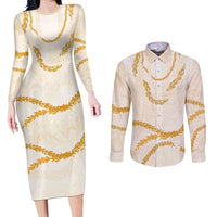 Aloha Lei Mikioi Couples Matching Long Sleeve Bodycon Dress and Long Sleeve Button Shirt Gold Polynesian Tribal Tatau Pattern