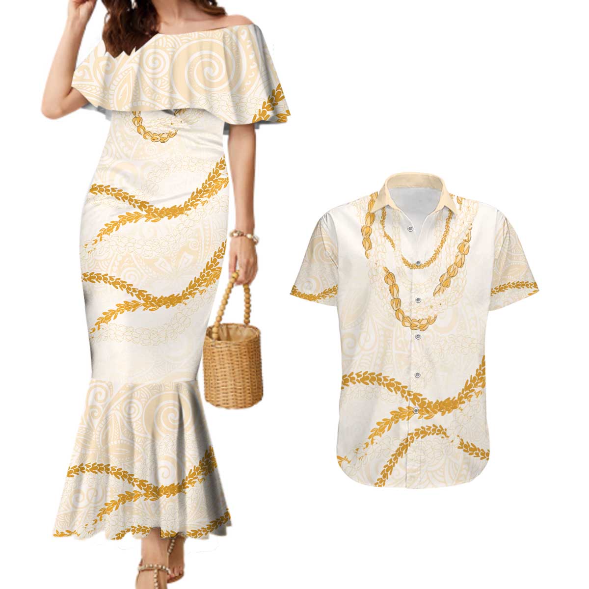 Aloha Lei Mikioi Couples Matching Mermaid Dress and Hawaiian Shirt Gold Polynesian Tribal Tatau Pattern