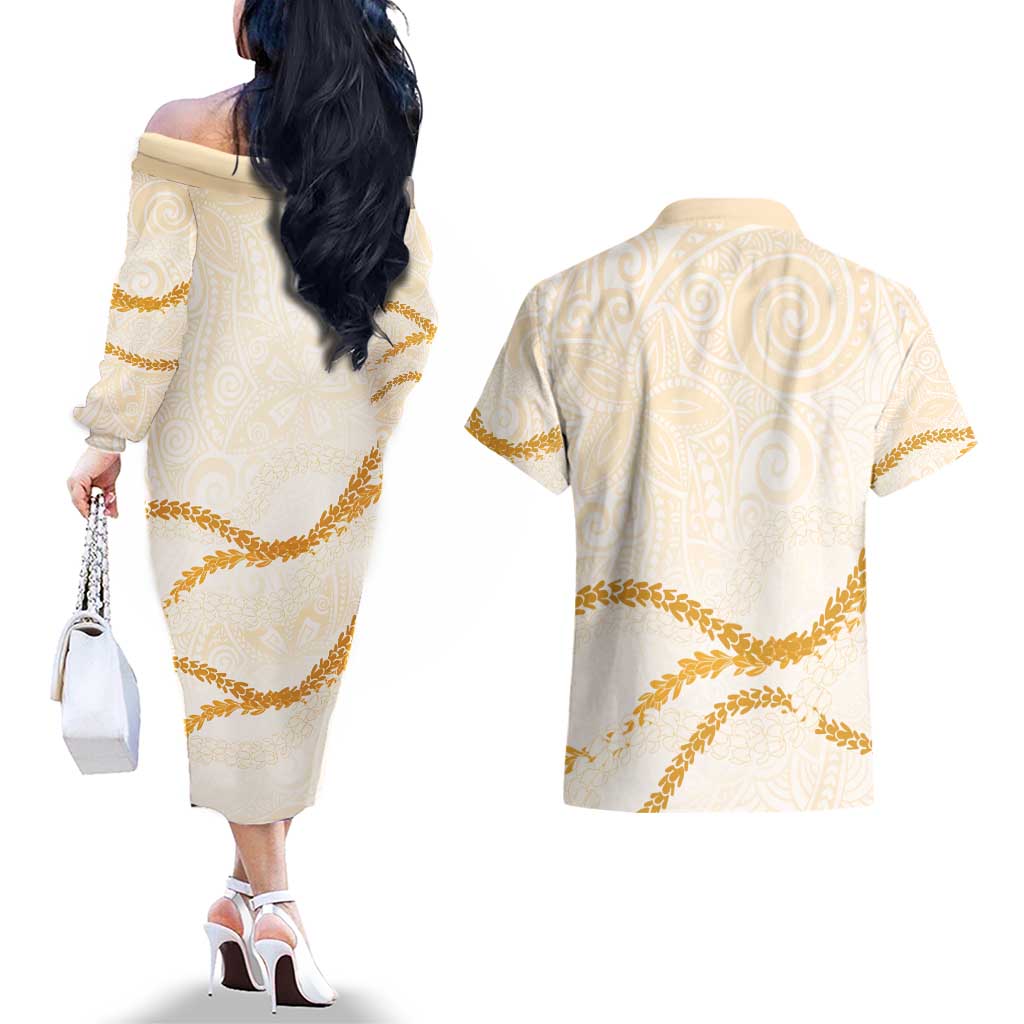 Aloha Lei Mikioi Couples Matching Off The Shoulder Long Sleeve Dress and Hawaiian Shirt Gold Polynesian Tribal Tatau Pattern LT9 - Polynesian Pride