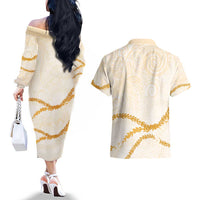 Aloha Lei Mikioi Couples Matching Off The Shoulder Long Sleeve Dress and Hawaiian Shirt Gold Polynesian Tribal Tatau Pattern LT9 - Polynesian Pride
