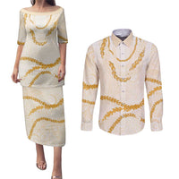 Aloha Lei Mikioi Couples Matching Puletasi and Long Sleeve Button Shirt Gold Polynesian Tribal Tatau Pattern