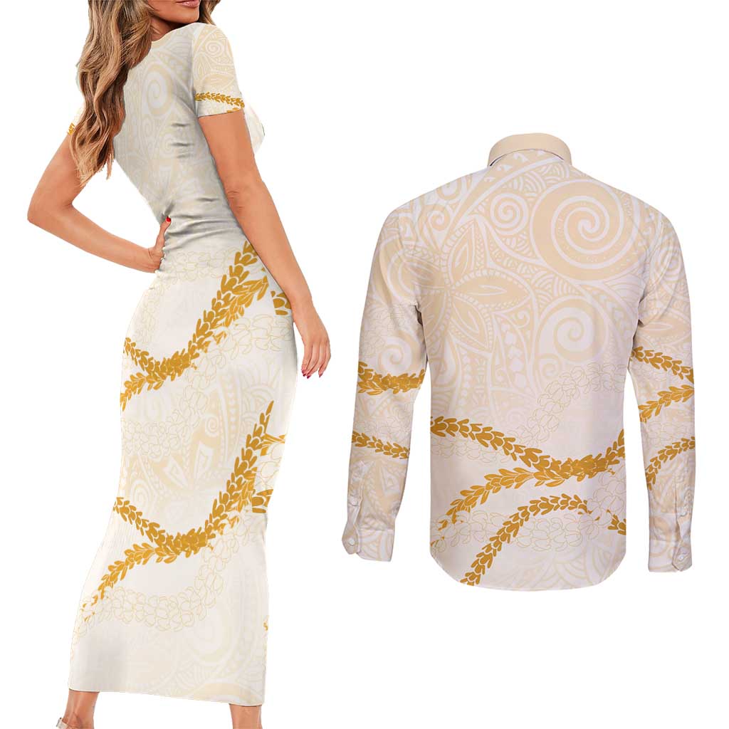 Aloha Lei Mikioi Couples Matching Short Sleeve Bodycon Dress and Long Sleeve Button Shirt Gold Polynesian Tribal Tatau Pattern