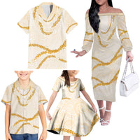 Aloha Lei Mikioi Family Matching Off The Shoulder Long Sleeve Dress and Hawaiian Shirt Gold Polynesian Tribal Tatau Pattern LT9 - Polynesian Pride