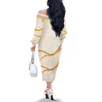 Aloha Lei Mikioi Family Matching Off The Shoulder Long Sleeve Dress and Hawaiian Shirt Gold Polynesian Tribal Tatau Pattern LT9 - Polynesian Pride