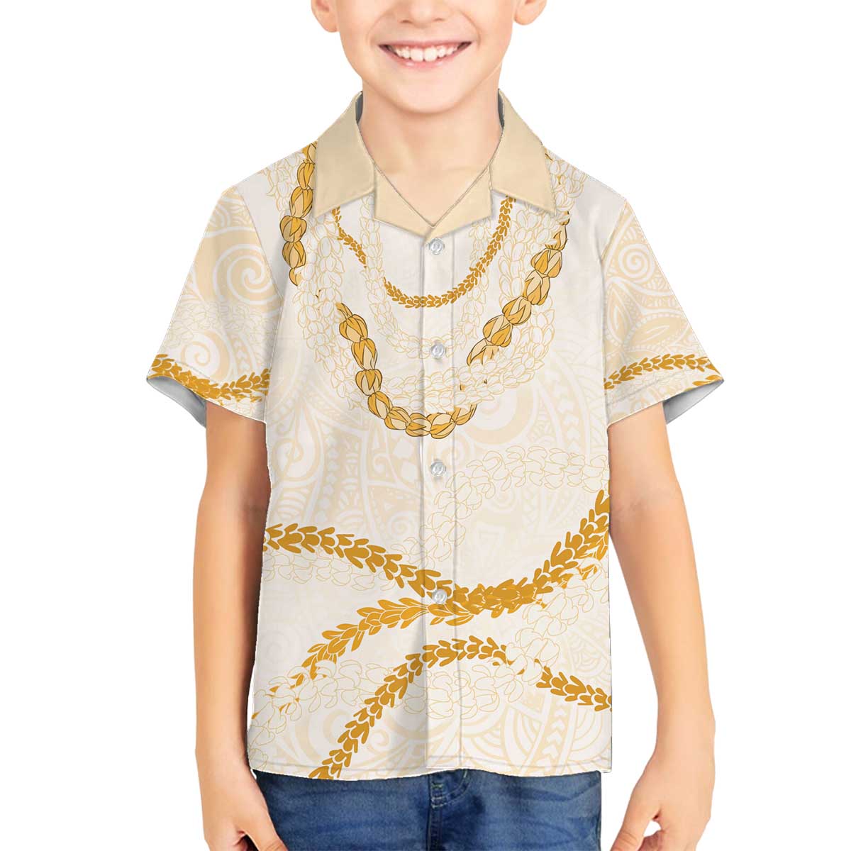 Aloha Lei Mikioi Family Matching Off The Shoulder Long Sleeve Dress and Hawaiian Shirt Gold Polynesian Tribal Tatau Pattern LT9 Son's Shirt Gold - Polynesian Pride
