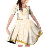 Aloha Lei Mikioi Family Matching Off Shoulder Short Dress and Hawaiian Shirt Gold Polynesian Tribal Tatau Pattern LT9 Daughter's Dress Gold - Polynesian Pride