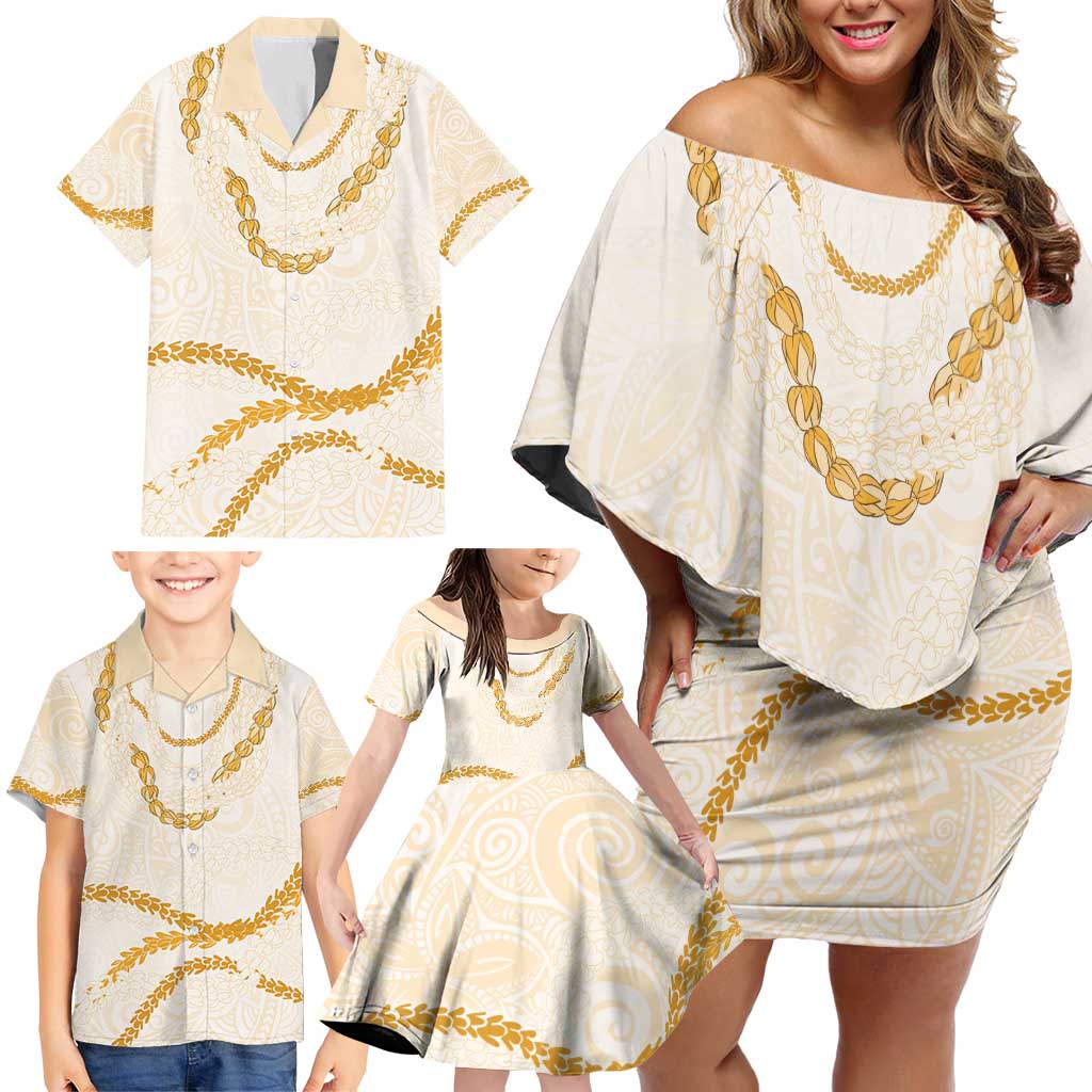 Aloha Lei Mikioi Family Matching Off Shoulder Short Dress and Hawaiian Shirt Gold Polynesian Tribal Tatau Pattern LT9 - Polynesian Pride