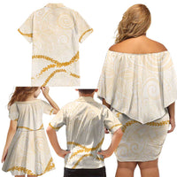 Aloha Lei Mikioi Family Matching Off Shoulder Short Dress and Hawaiian Shirt Gold Polynesian Tribal Tatau Pattern LT9 - Polynesian Pride