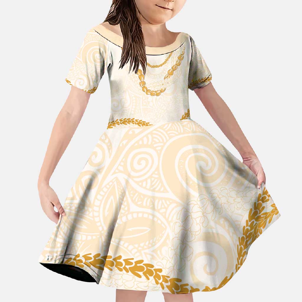 Aloha Lei Mikioi Family Matching Short Sleeve Bodycon Dress and Hawaiian Shirt Gold Polynesian Tribal Tatau Pattern LT9 Daughter's Dress Gold - Polynesian Pride