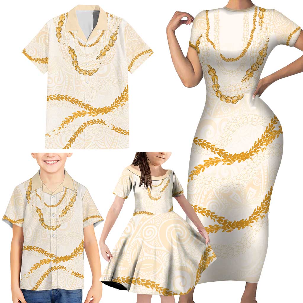 Aloha Lei Mikioi Family Matching Short Sleeve Bodycon Dress and Hawaiian Shirt Gold Polynesian Tribal Tatau Pattern LT9 - Polynesian Pride