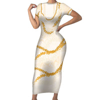 Aloha Lei Mikioi Family Matching Short Sleeve Bodycon Dress and Hawaiian Shirt Gold Polynesian Tribal Tatau Pattern LT9 Mom's Dress Gold - Polynesian Pride