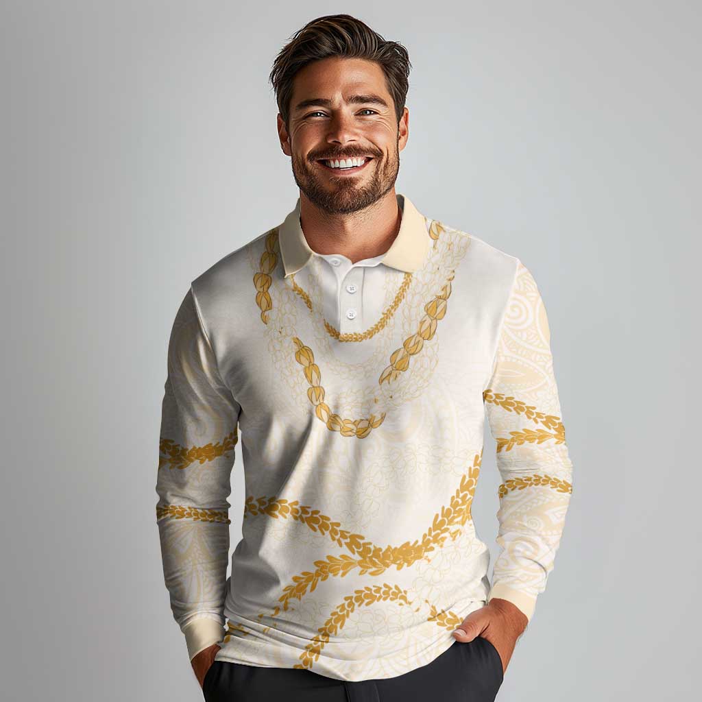 Aloha Lei Mikioi Long Sleeve Polo Shirt Gold Polynesian Tribal Tatau Pattern