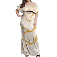 Aloha Lei Mikioi Off Shoulder Maxi Dress Gold Polynesian Tribal Tatau Pattern