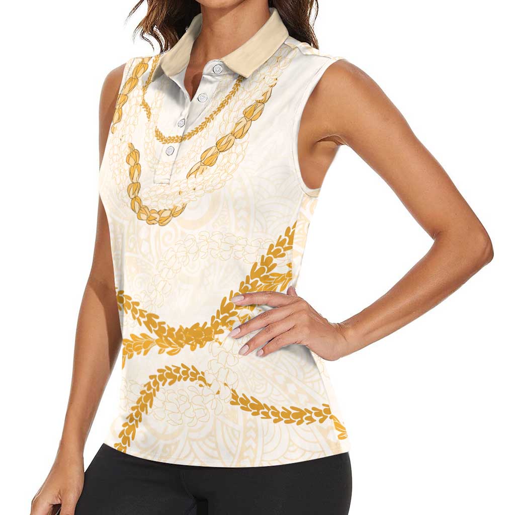 Aloha Lei Mikioi Women Sleeveless Polo Shirt Gold Polynesian Tribal Tatau Pattern