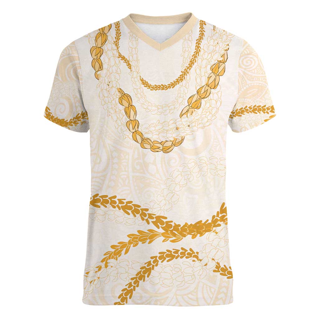 Aloha Lei Mikioi Women V-Neck T-Shirt Gold Polynesian Tribal Tatau Pattern