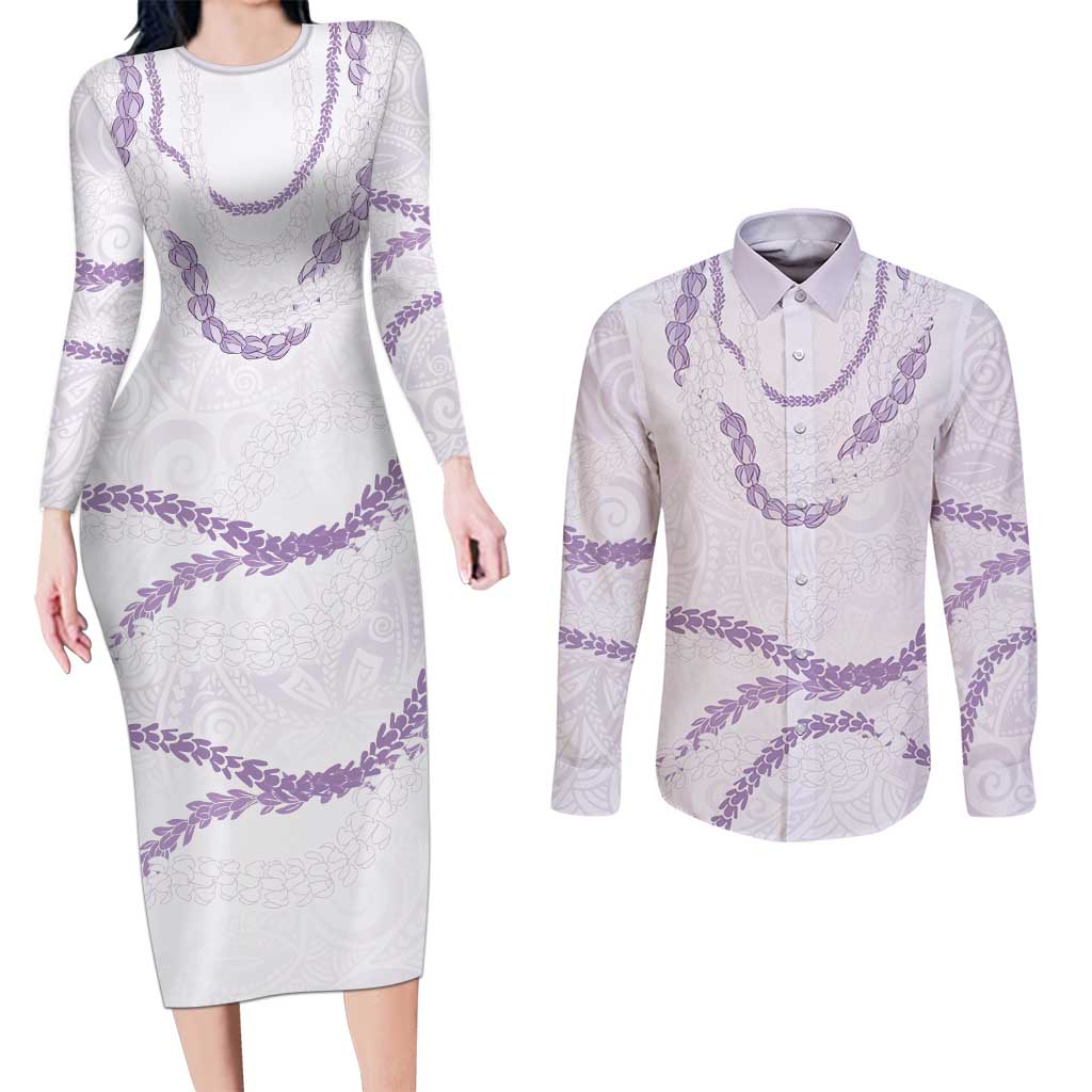 Aloha Lei Mikioi Couples Matching Long Sleeve Bodycon Dress and Long Sleeve Button Shirt Purple Polynesian Tribal Tatau Pattern