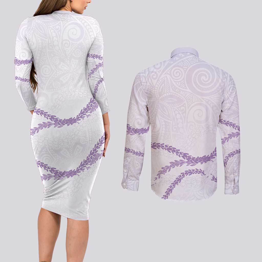 Aloha Lei Mikioi Couples Matching Long Sleeve Bodycon Dress and Long Sleeve Button Shirt Purple Polynesian Tribal Tatau Pattern