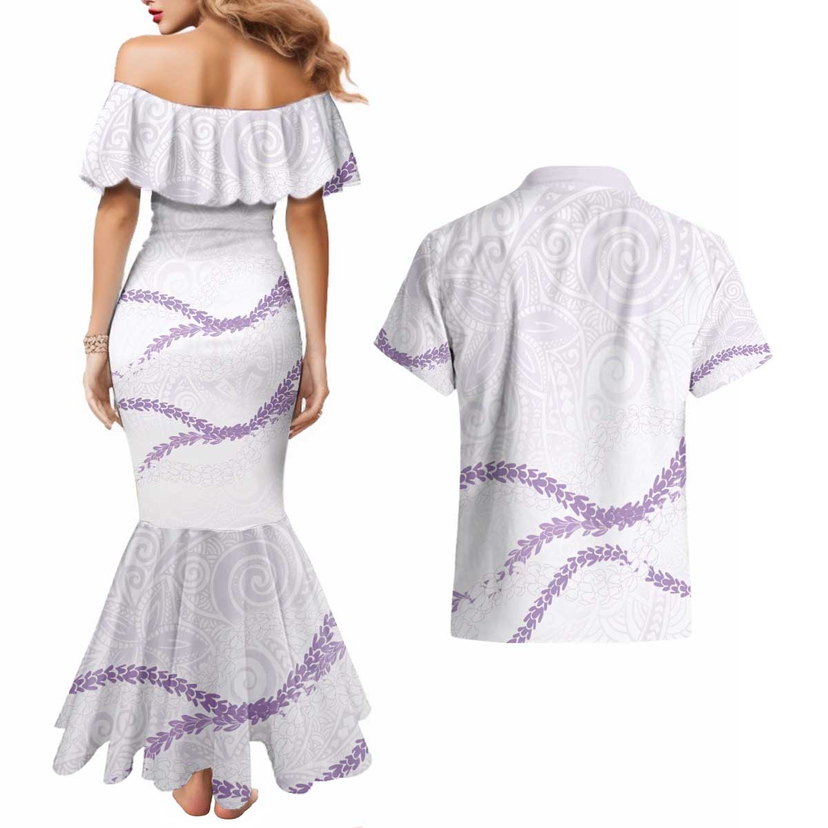 Aloha Lei Mikioi Couples Matching Mermaid Dress and Hawaiian Shirt Purple Polynesian Tribal Tatau Pattern