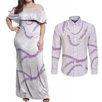 Aloha Lei Mikioi Couples Matching Off Shoulder Maxi Dress and Long Sleeve Button Shirt Purple Polynesian Tribal Tatau Pattern