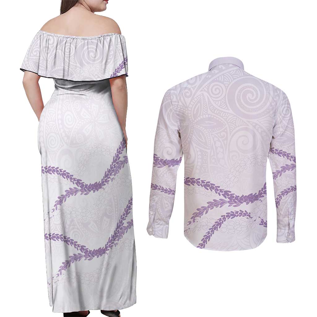 Aloha Lei Mikioi Couples Matching Off Shoulder Maxi Dress and Long Sleeve Button Shirt Purple Polynesian Tribal Tatau Pattern