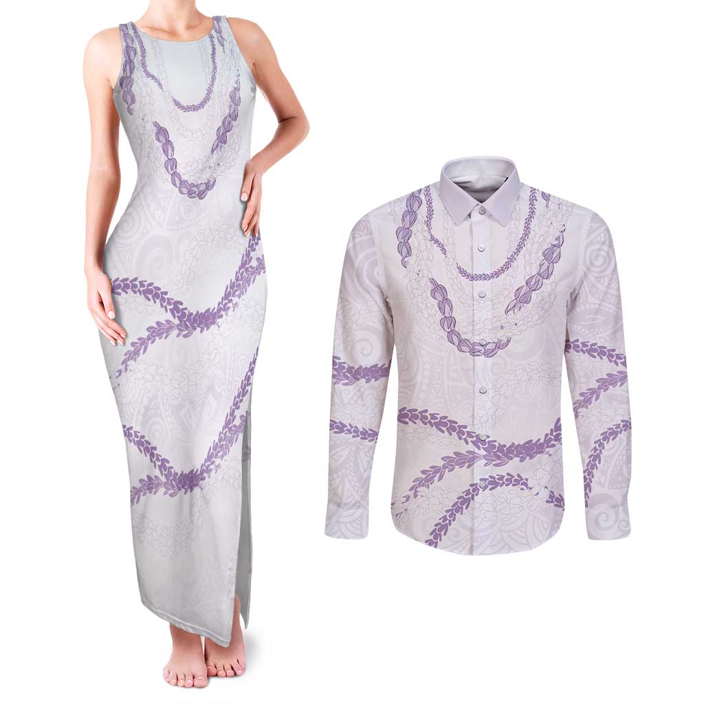 Aloha Lei Mikioi Couples Matching Tank Maxi Dress and Long Sleeve Button Shirt Purple Polynesian Tribal Tatau Pattern