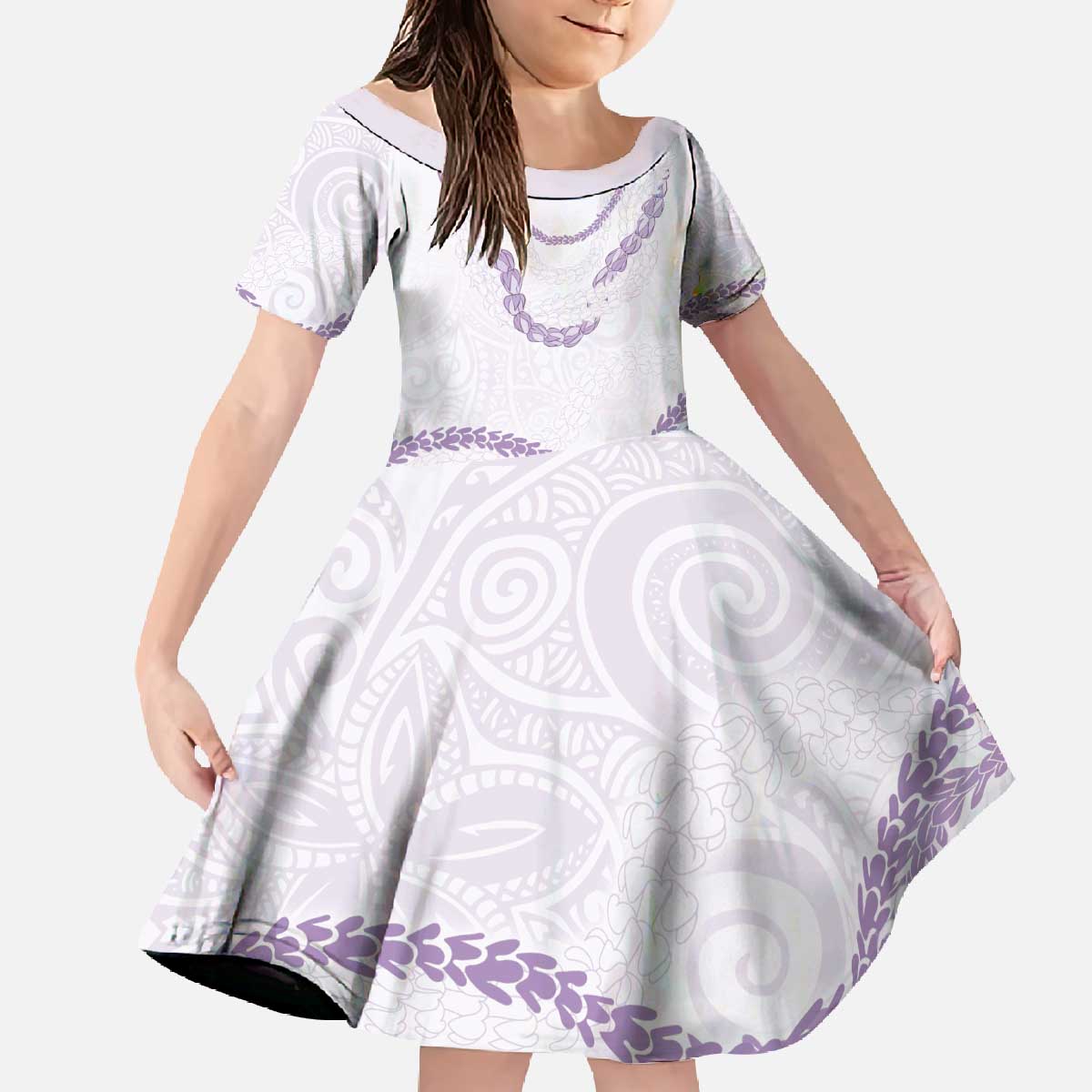 Aloha Lei Mikioi Family Matching Off The Shoulder Long Sleeve Dress and Hawaiian Shirt Purple Polynesian Tribal Tatau Pattern LT9 Daughter's Dress Purple - Polynesian Pride