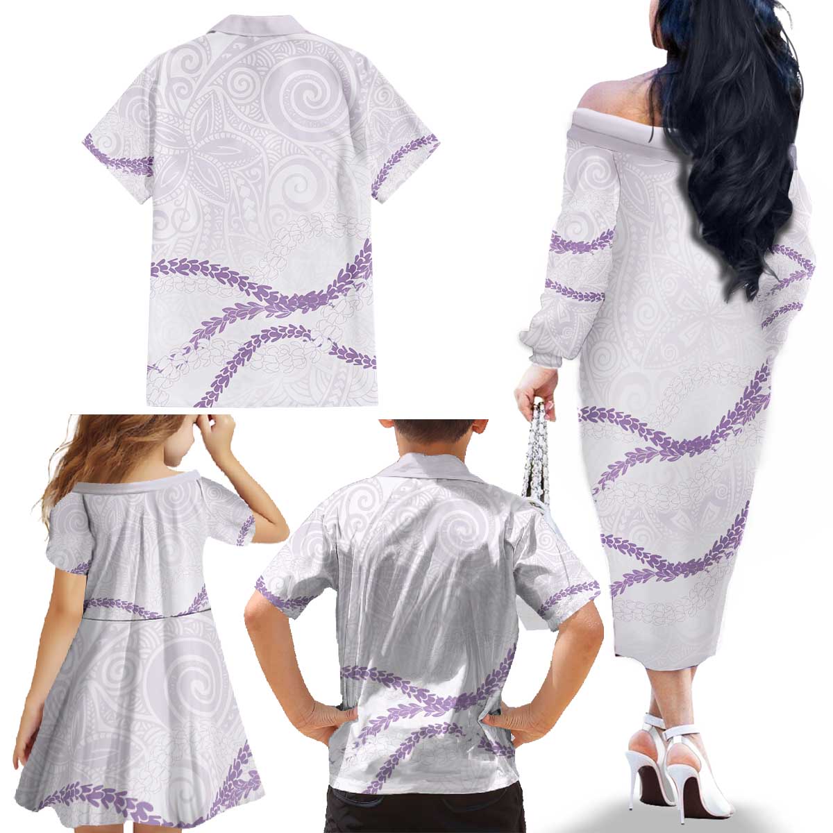 Aloha Lei Mikioi Family Matching Off The Shoulder Long Sleeve Dress and Hawaiian Shirt Purple Polynesian Tribal Tatau Pattern LT9 - Polynesian Pride