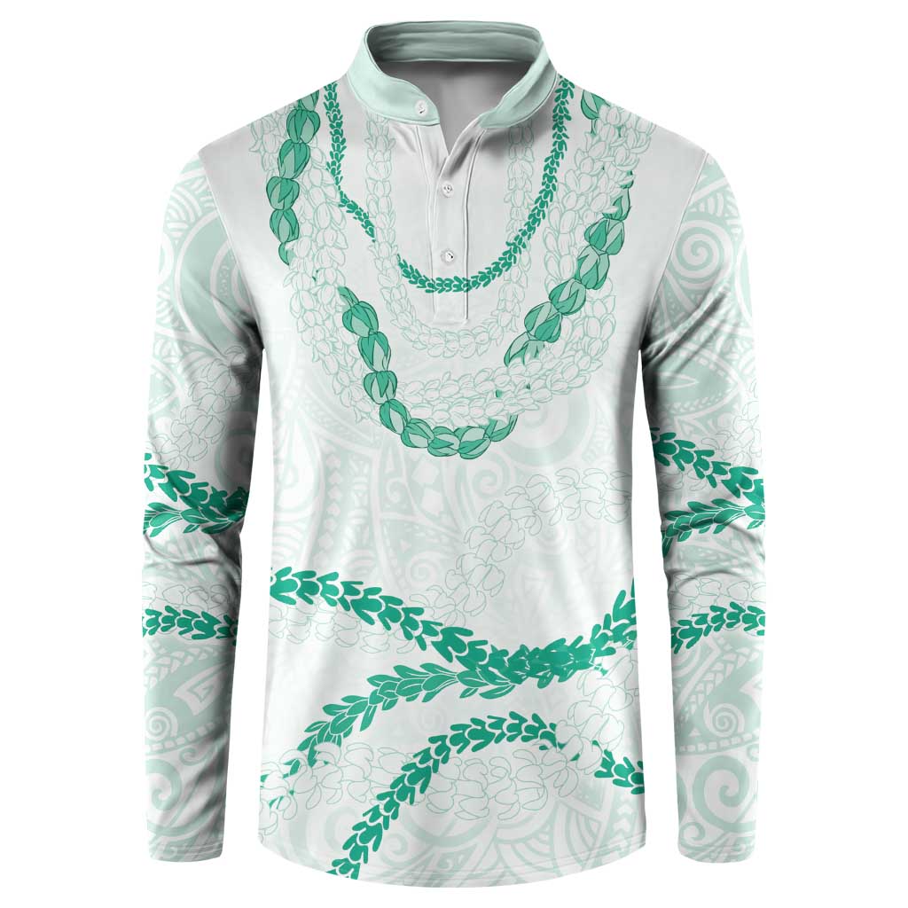 Aloha Lei Mikioi Button Sweatshirt Sage Green Polynesian Tribal Tatau Pattern