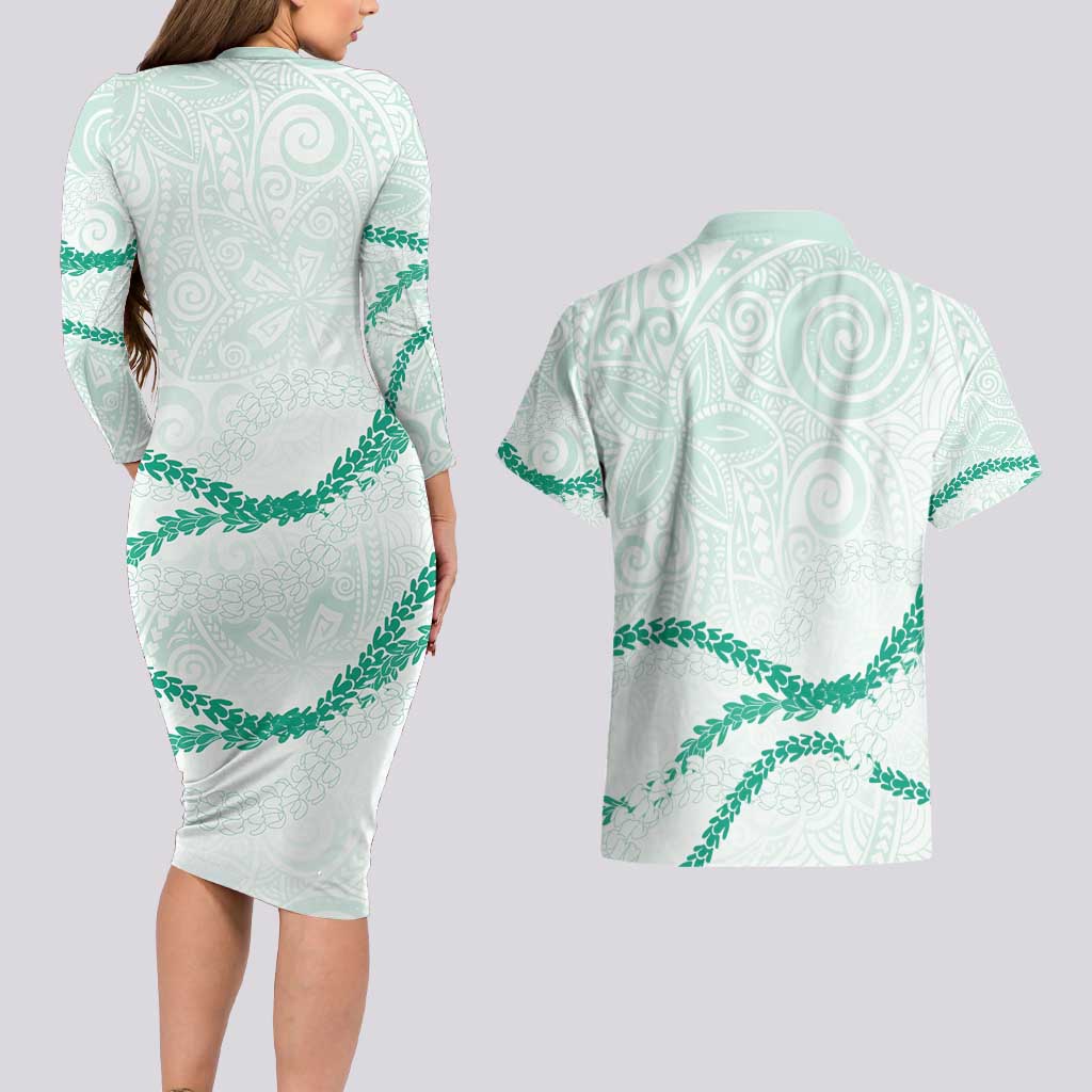 Aloha Lei Mikioi Couples Matching Long Sleeve Bodycon Dress and Hawaiian Shirt Sage Green Polynesian Tribal Tatau Pattern LT9 - Polynesian Pride