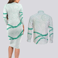 Aloha Lei Mikioi Couples Matching Long Sleeve Bodycon Dress and Long Sleeve Button Shirt Sage Green Polynesian Tribal Tatau Pattern