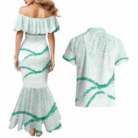 Aloha Lei Mikioi Couples Matching Mermaid Dress and Hawaiian Shirt Sage Green Polynesian Tribal Tatau Pattern