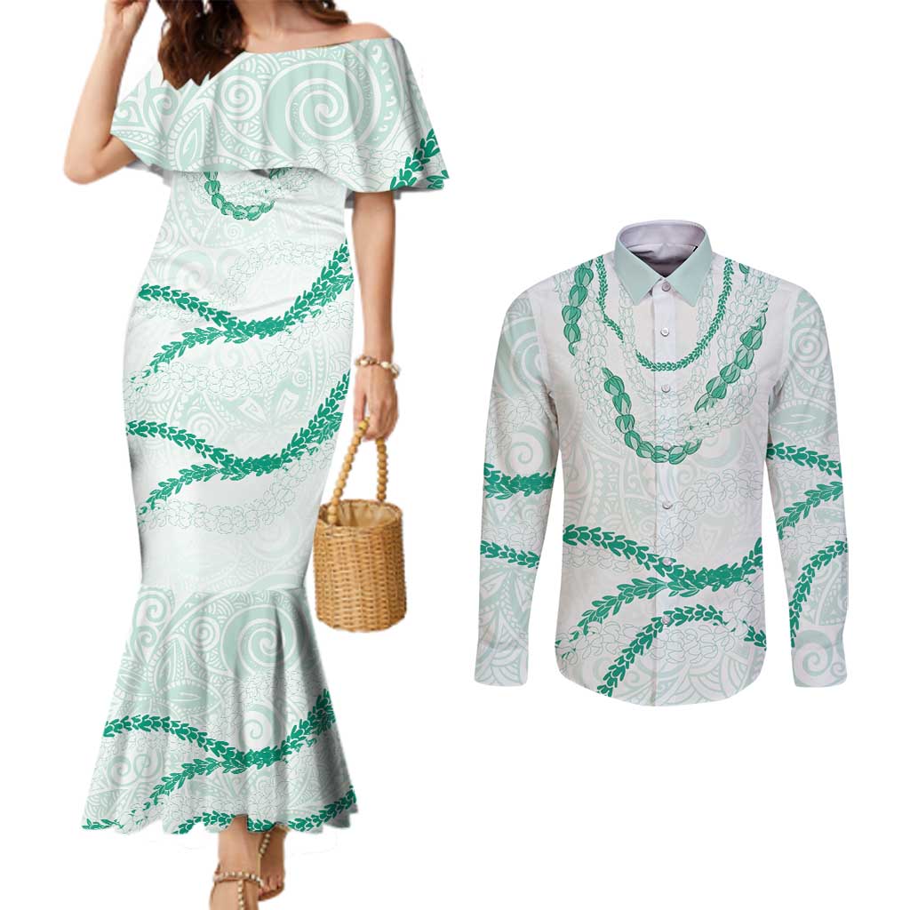 Aloha Lei Mikioi Couples Matching Mermaid Dress and Long Sleeve Button Shirt Sage Green Polynesian Tribal Tatau Pattern