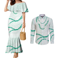 Aloha Lei Mikioi Couples Matching Mermaid Dress and Long Sleeve Button Shirt Sage Green Polynesian Tribal Tatau Pattern