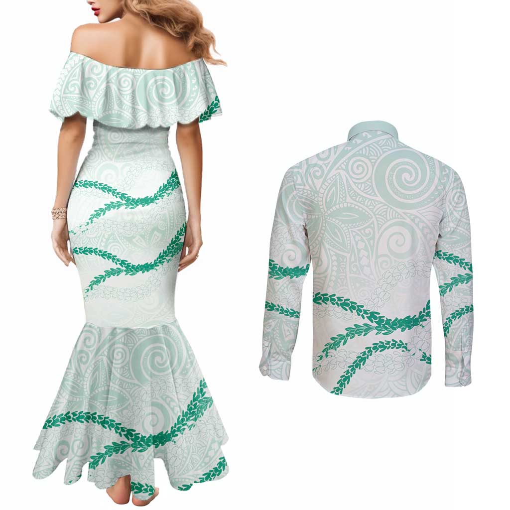 Aloha Lei Mikioi Couples Matching Mermaid Dress and Long Sleeve Button Shirt Sage Green Polynesian Tribal Tatau Pattern