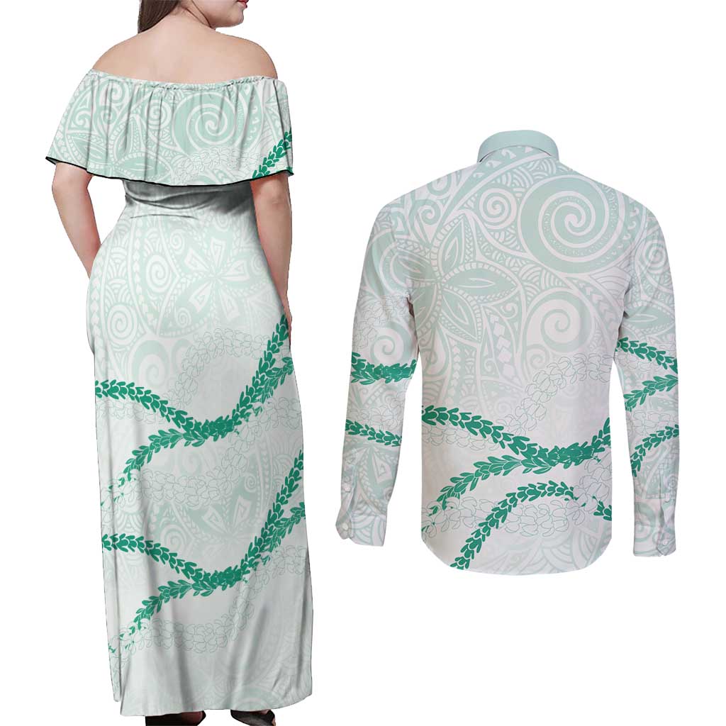 Aloha Lei Mikioi Couples Matching Off Shoulder Maxi Dress and Long Sleeve Button Shirt Sage Green Polynesian Tribal Tatau Pattern